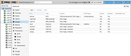 Przykładowe magazyny danych na klastrze Proxmox VE